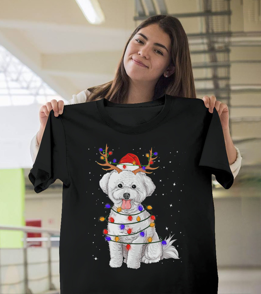 Bichon Frise Wrapped with Christmas Lights and Reindeer Antlers T-Shirt