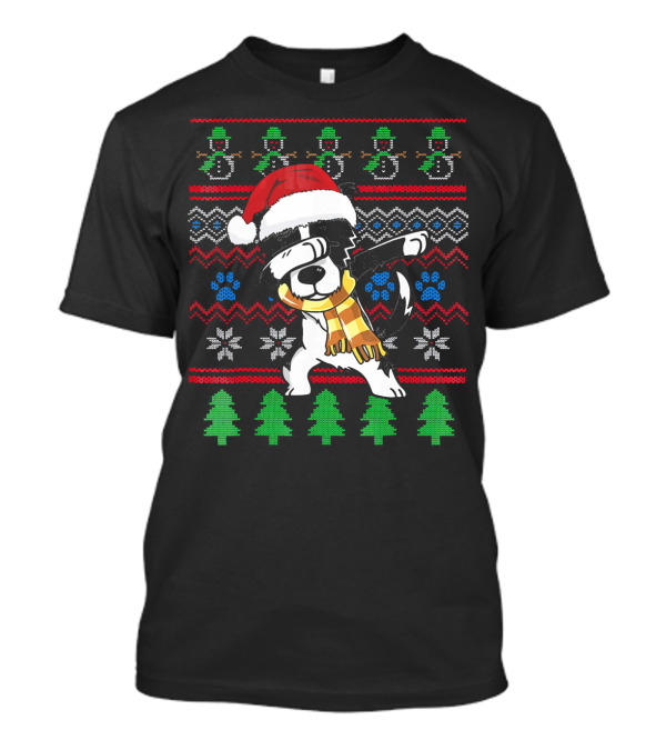 Border Collie Dabbing Christmas UglyStyle Santa Hat Scarf Snowmen Trees T-Shirt