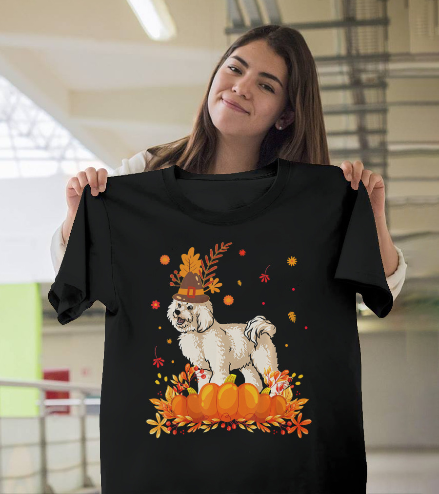 Cute Bichon Frise Autumn Pumpkins and Harvest Hat T-Shirt