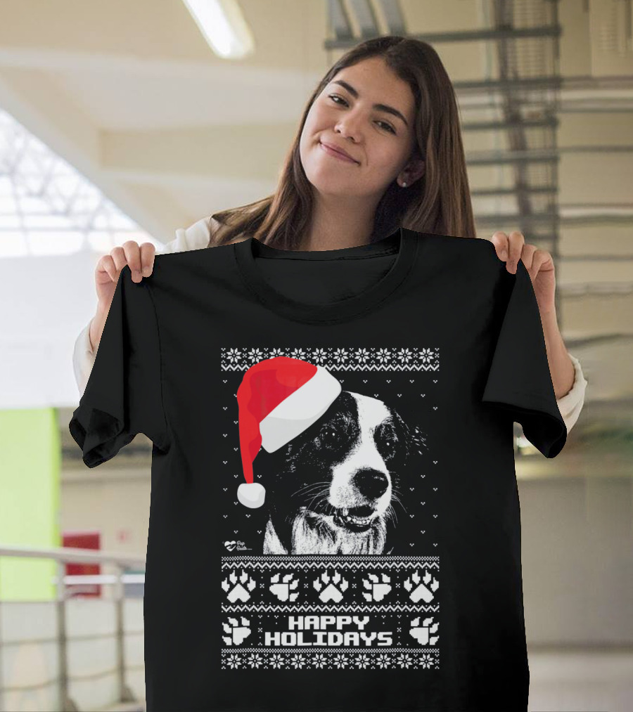 Happy Holidays Border Collie with Santa Hat Cozy Winter Paw Prints T-Shirt