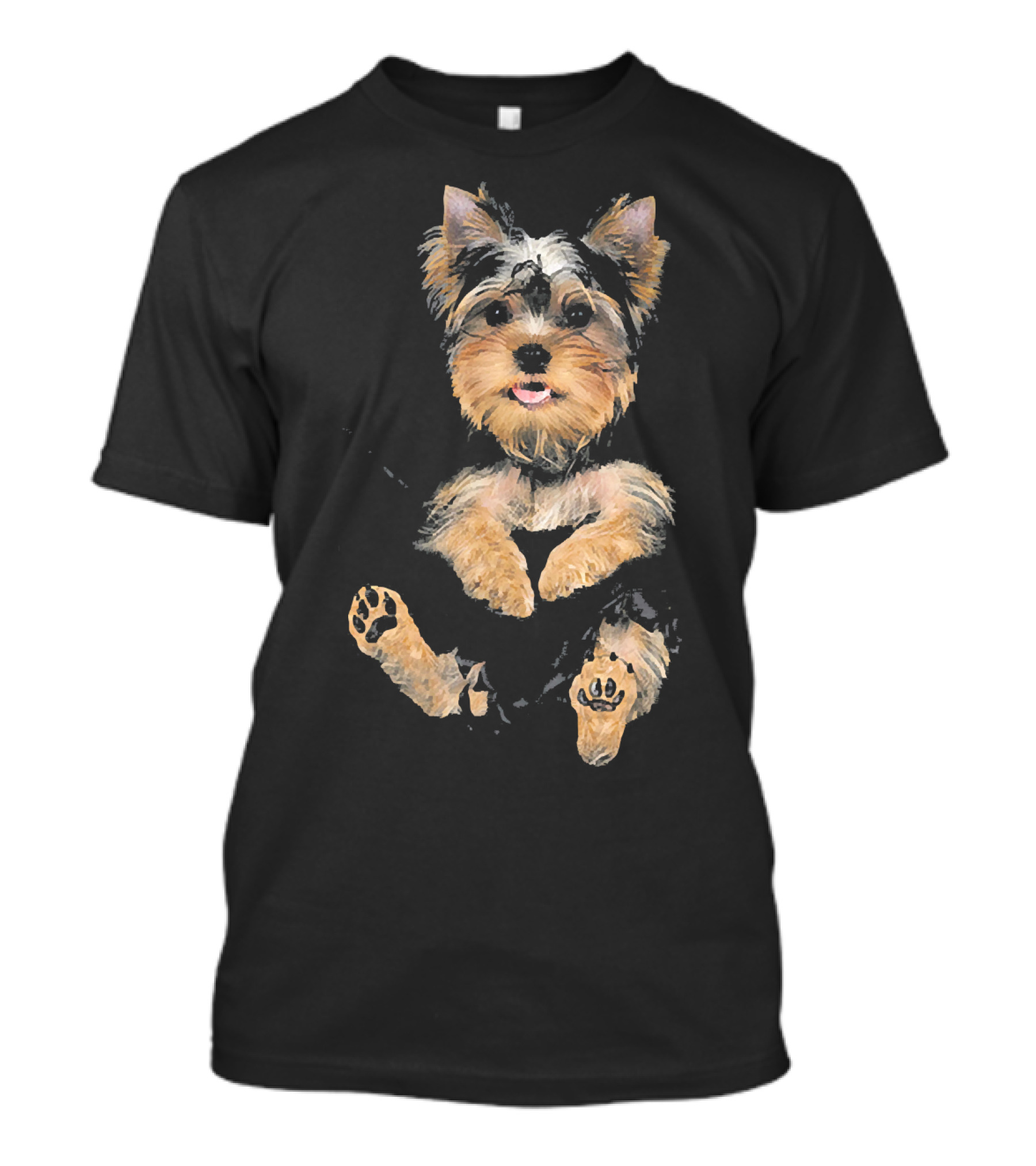 Yorkie Puppy In Pocket With Paws And Tongue Out T-Shirt