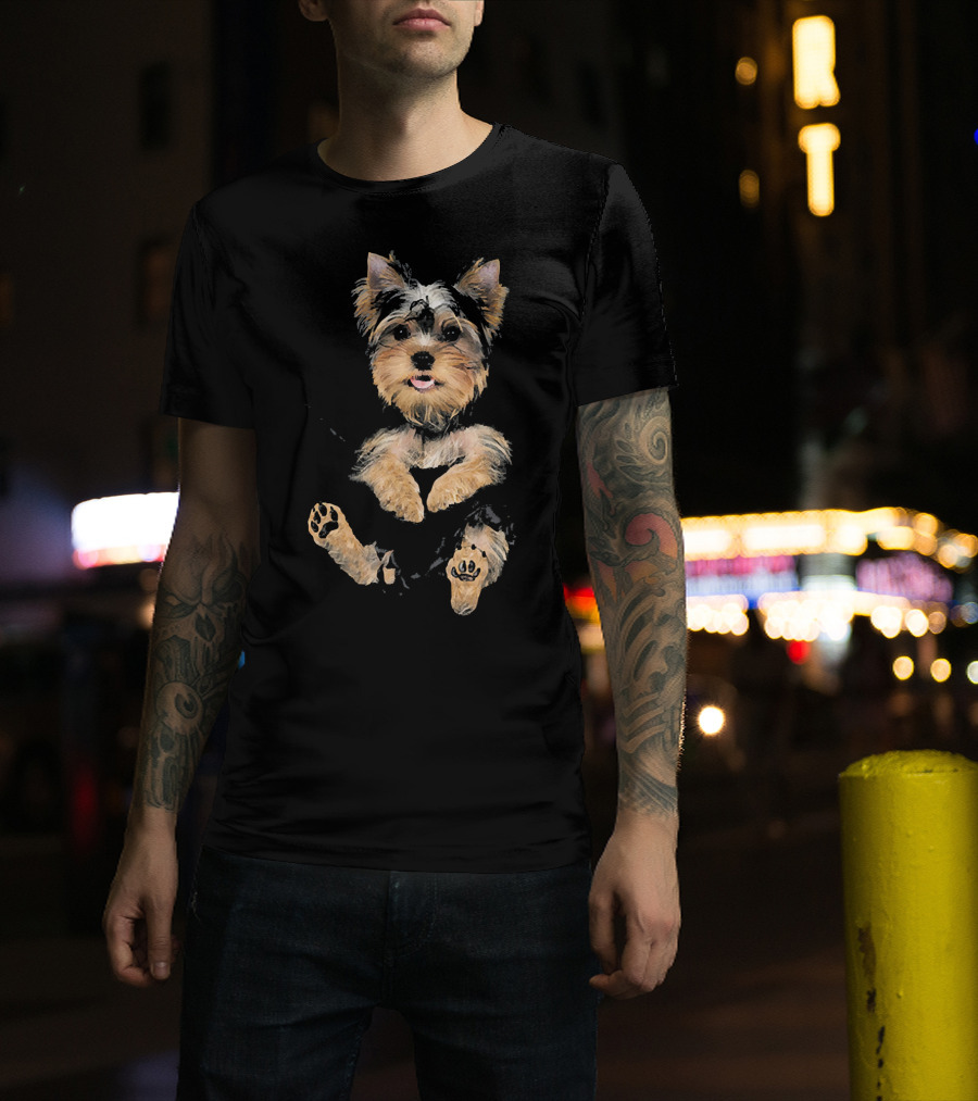 Yorkie Puppy In Pocket With Paws And Tongue Out T-Shirt