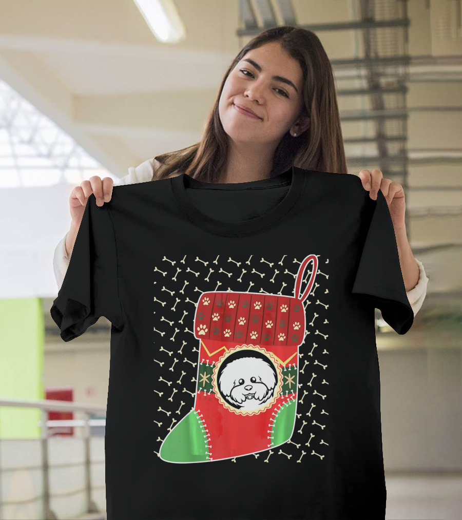 Bichon Frise Christmas Stocking with Paw Print and Bone T-Shirt