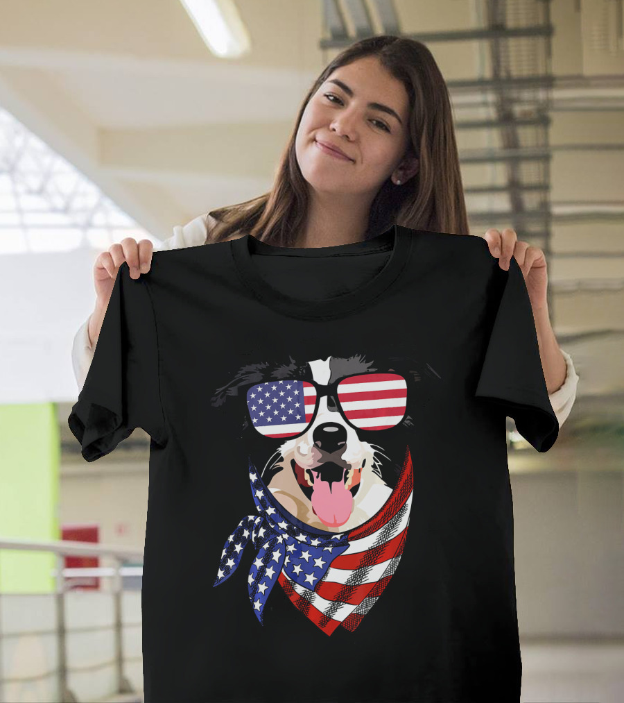 Border Collie 4th Of July Patriotic American Flag Sunglasses and Bandana T-Shirt