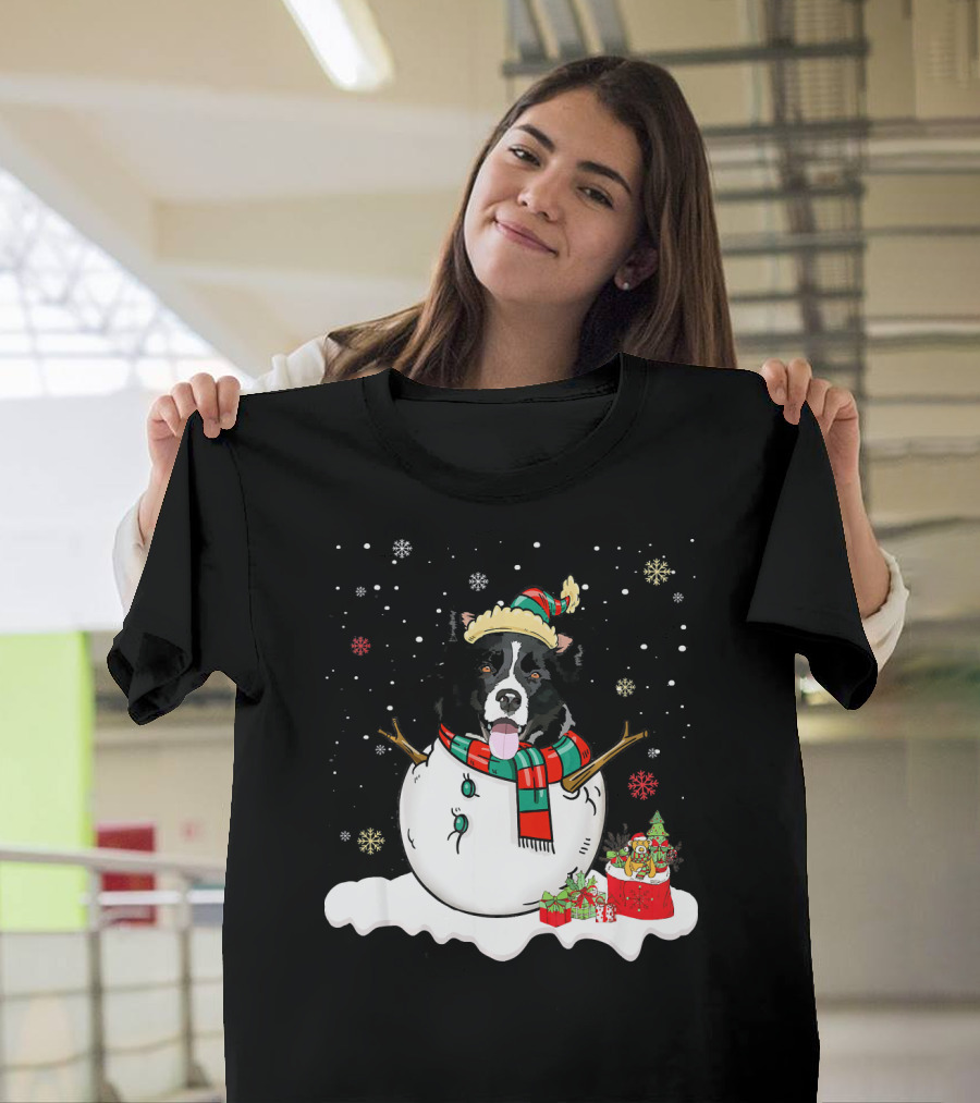 Border Collie Lover Merry Christmas Snowman Scene T-Shirt