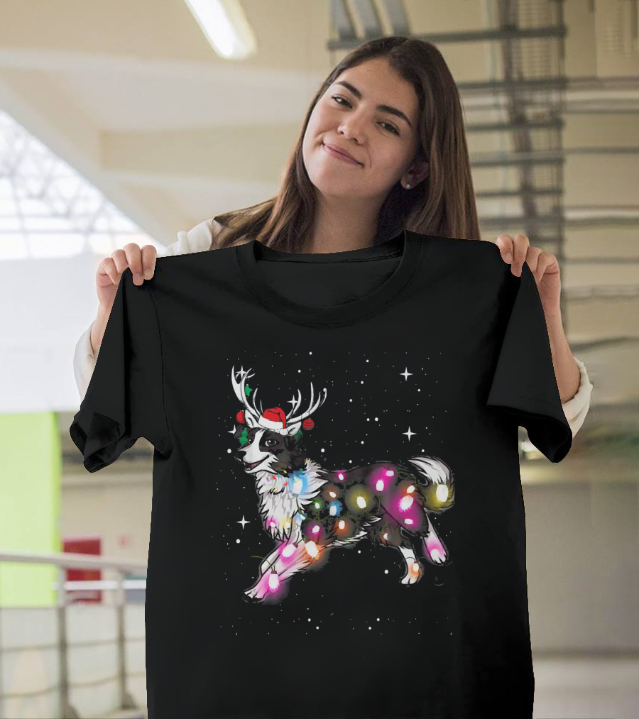 Holiday Reindeer Border Collie with Christmas Lights and Santa Hat in Snowflakes T-Shirt