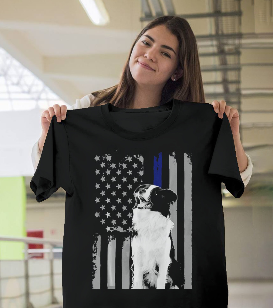 BORDER COLLIE FLAG Funny Ameri Thin Blue Line USA Dog T-Shirt