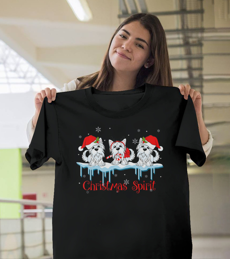 Christmas Spirit Three Yorkie Dogs in Santa Hats T-Shirt