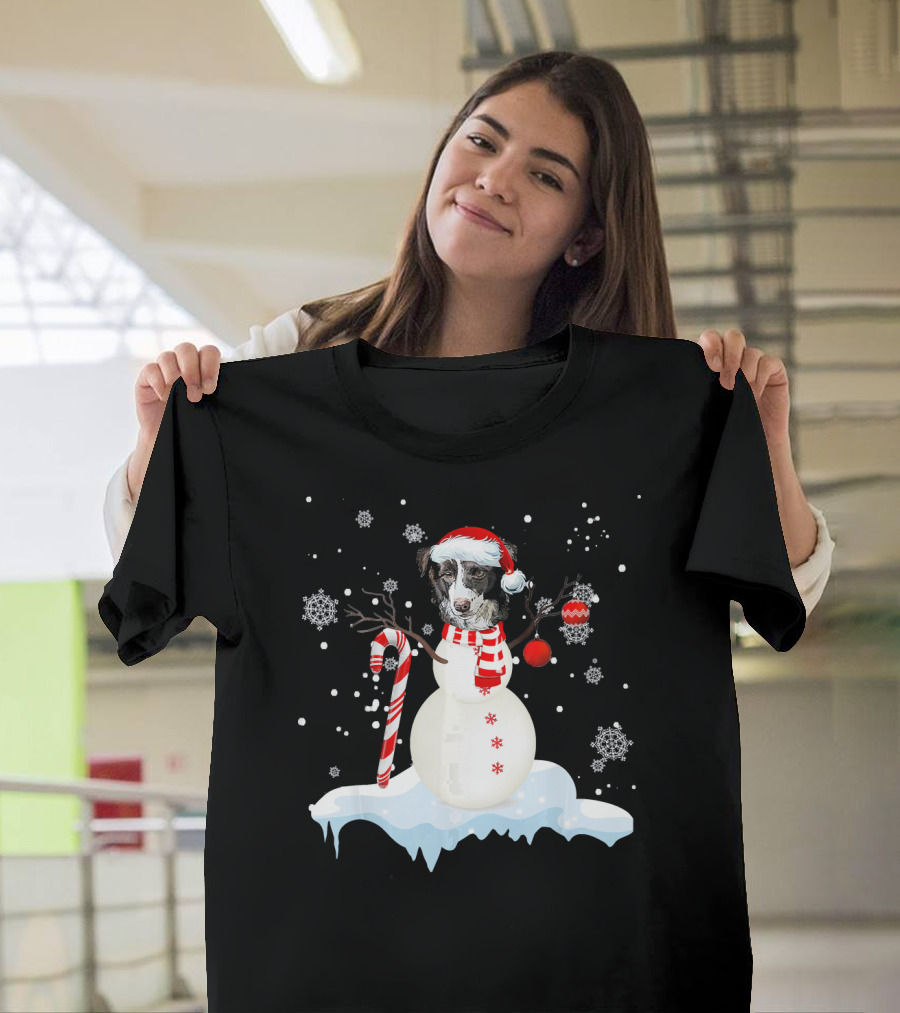 Border Collie Snowman with Candy Cane and Red Hat in Winter Wonderland T-Shirt