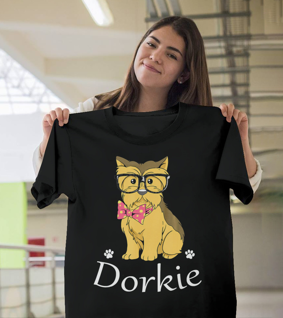 Dorkie Yorkshire Terrier Wearing Glasses and Bow Tie with Paw Prints T-Shirt