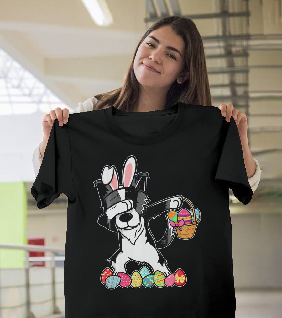 Border Collie Dabbing with Easter Bunny Ears and Egg Basket T-Shirt