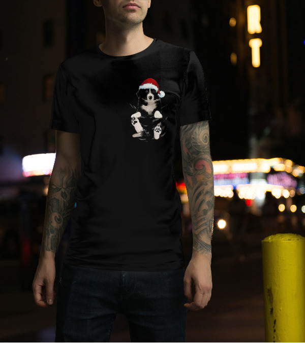 Border Collie In Santa Hat Inside Pocket T-Shirt