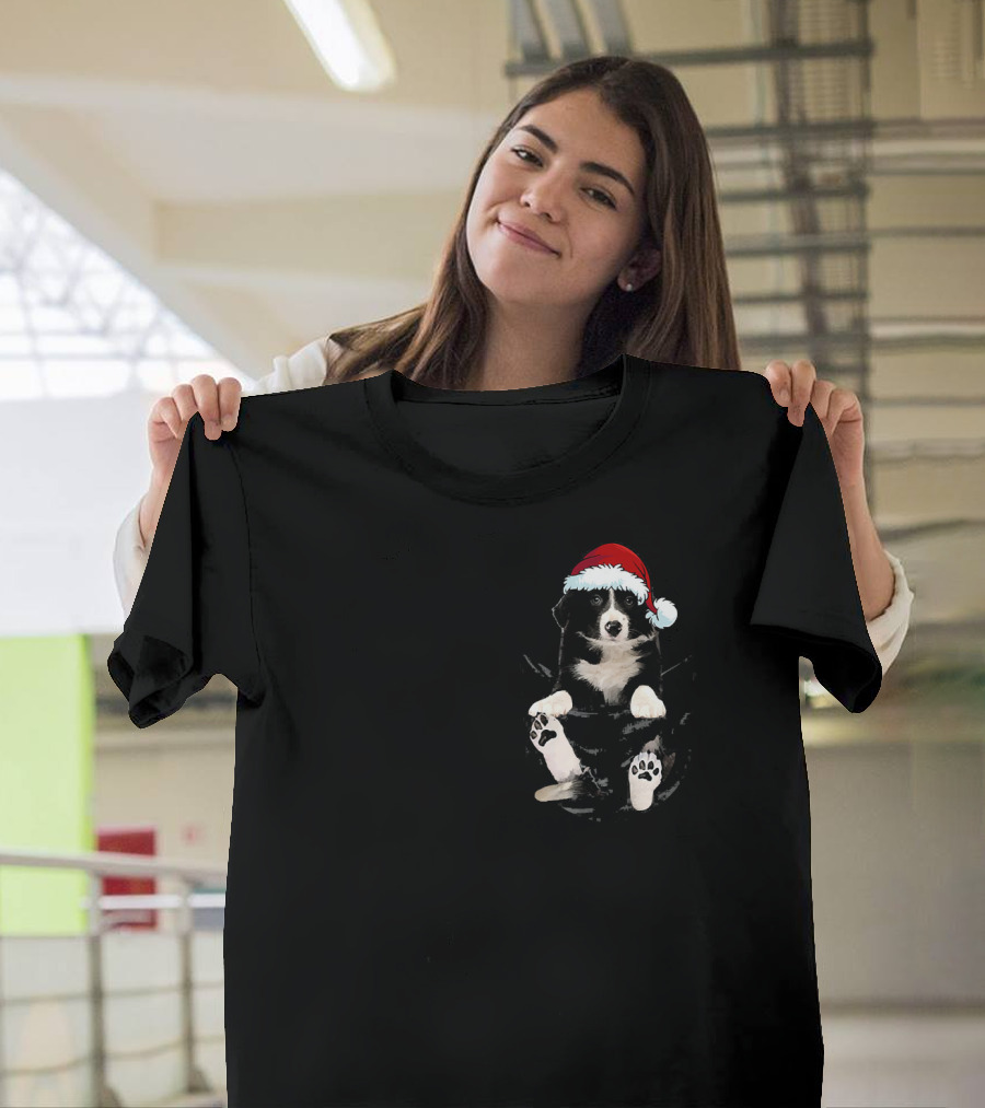 Border Collie In Santa Hat Inside Pocket T-Shirt