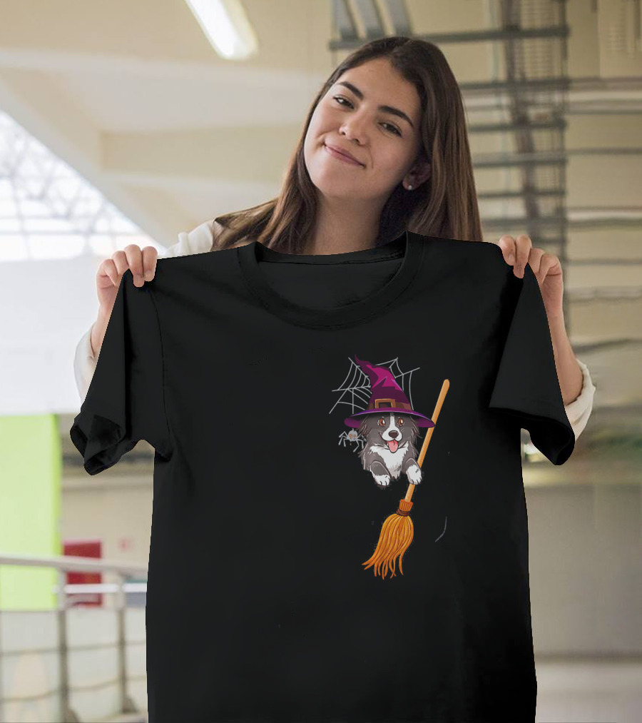 Border Collie Witch on Broomstick with Spider Web Halloween Pocket T-Shirt