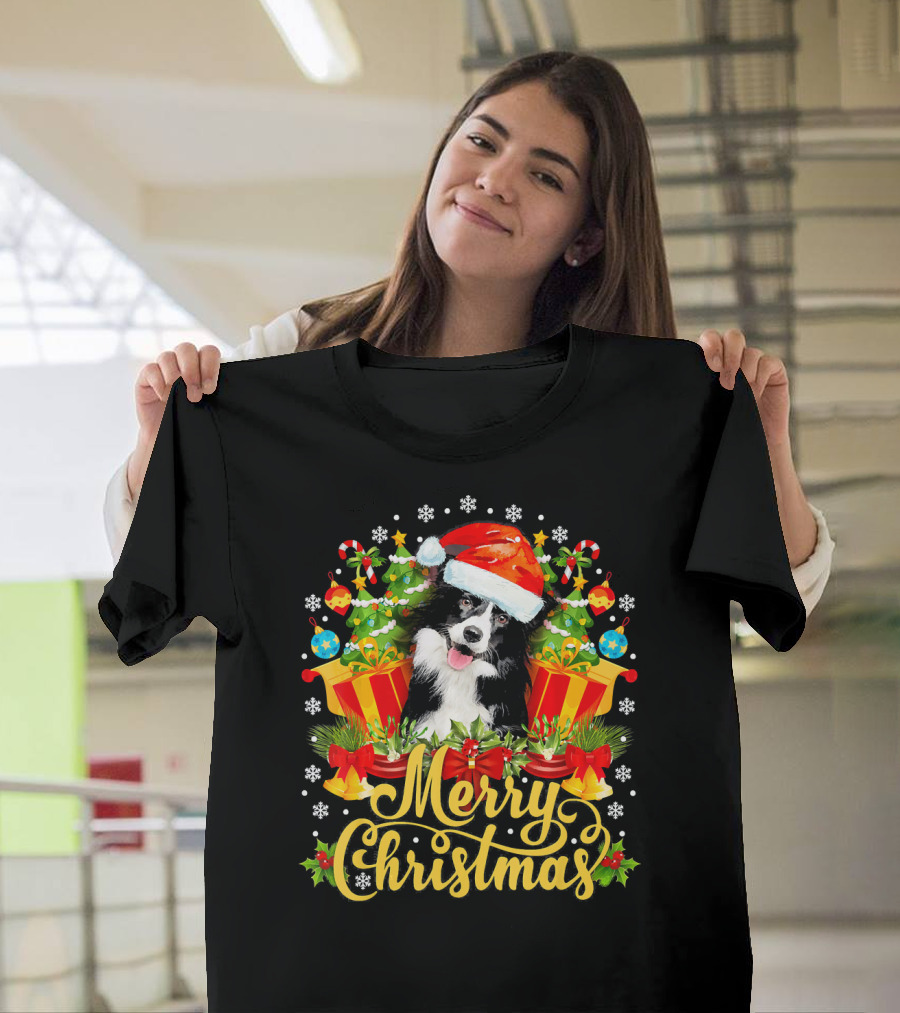 Merry Christmas Border Collie Santa Hat Festive Cheer with Gifts and Candy Canes T-Shirt