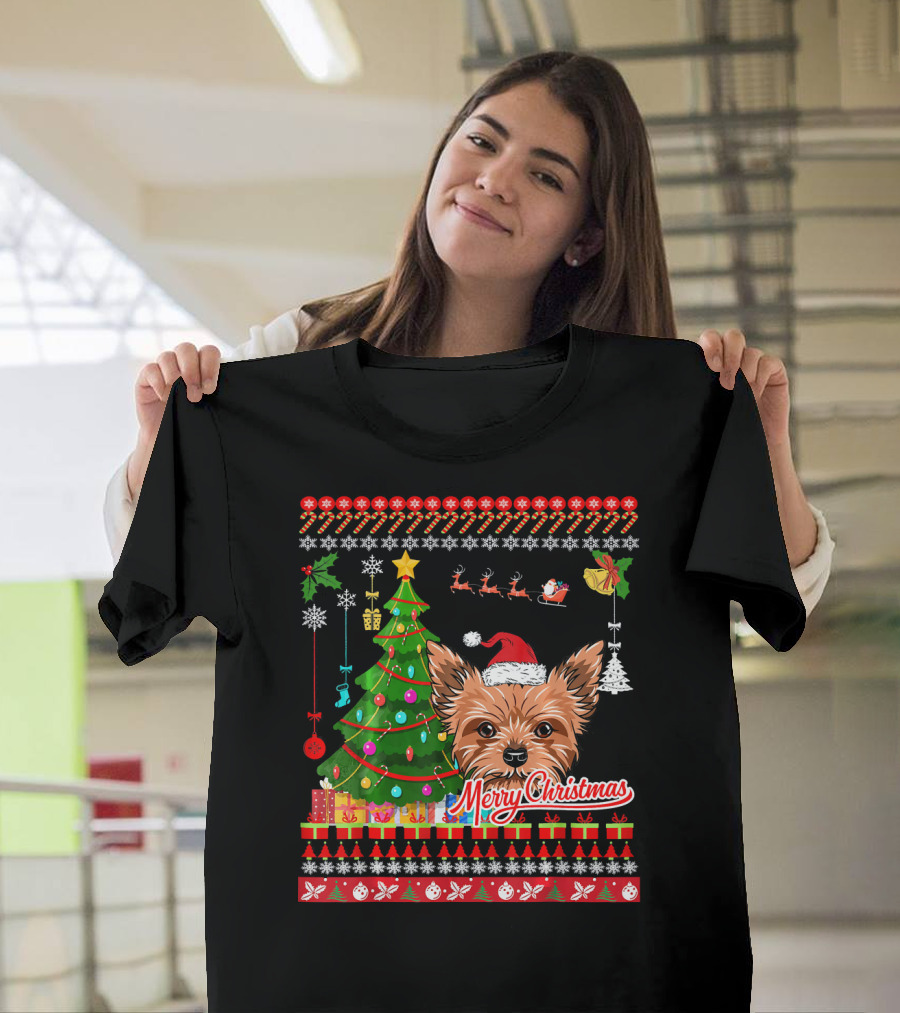 Merry Christmas Yorkie Dog Santa Hat Christmas Tree Ugly T-Shirt