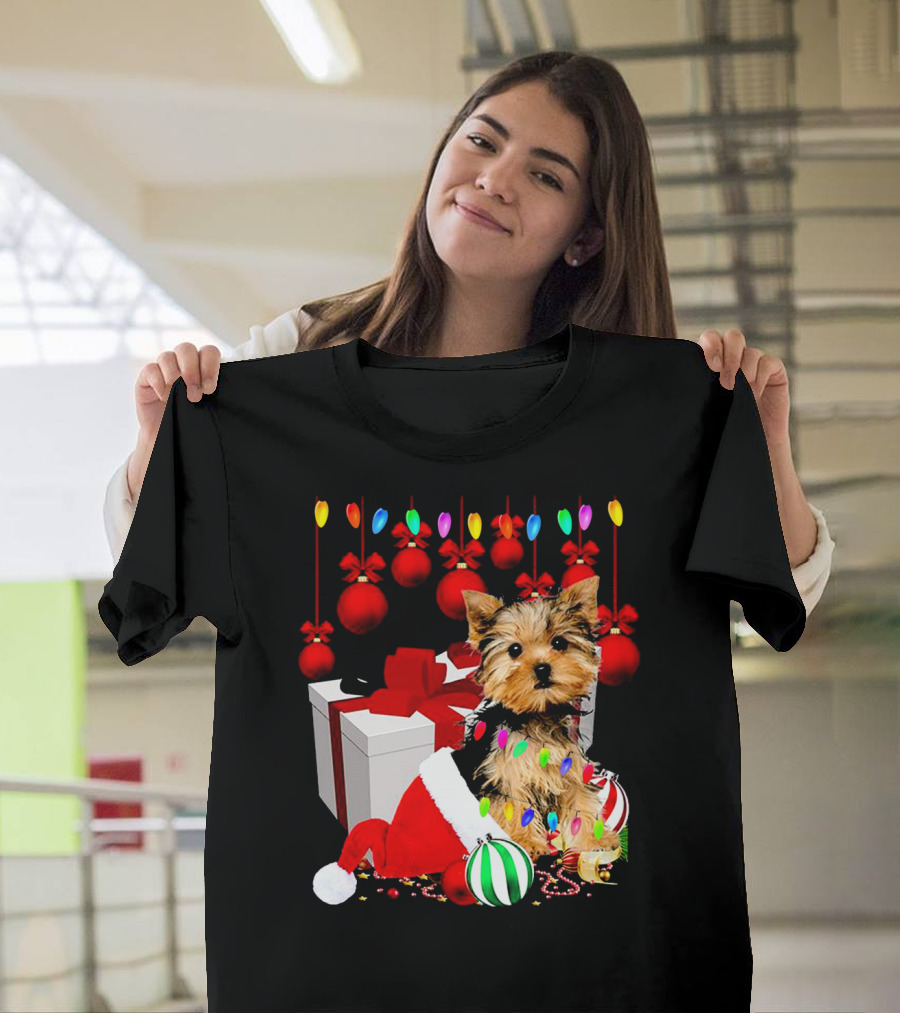 Yorkie Puppy in Santa Hat with Christmas Ornaments and Lights T-Shirt