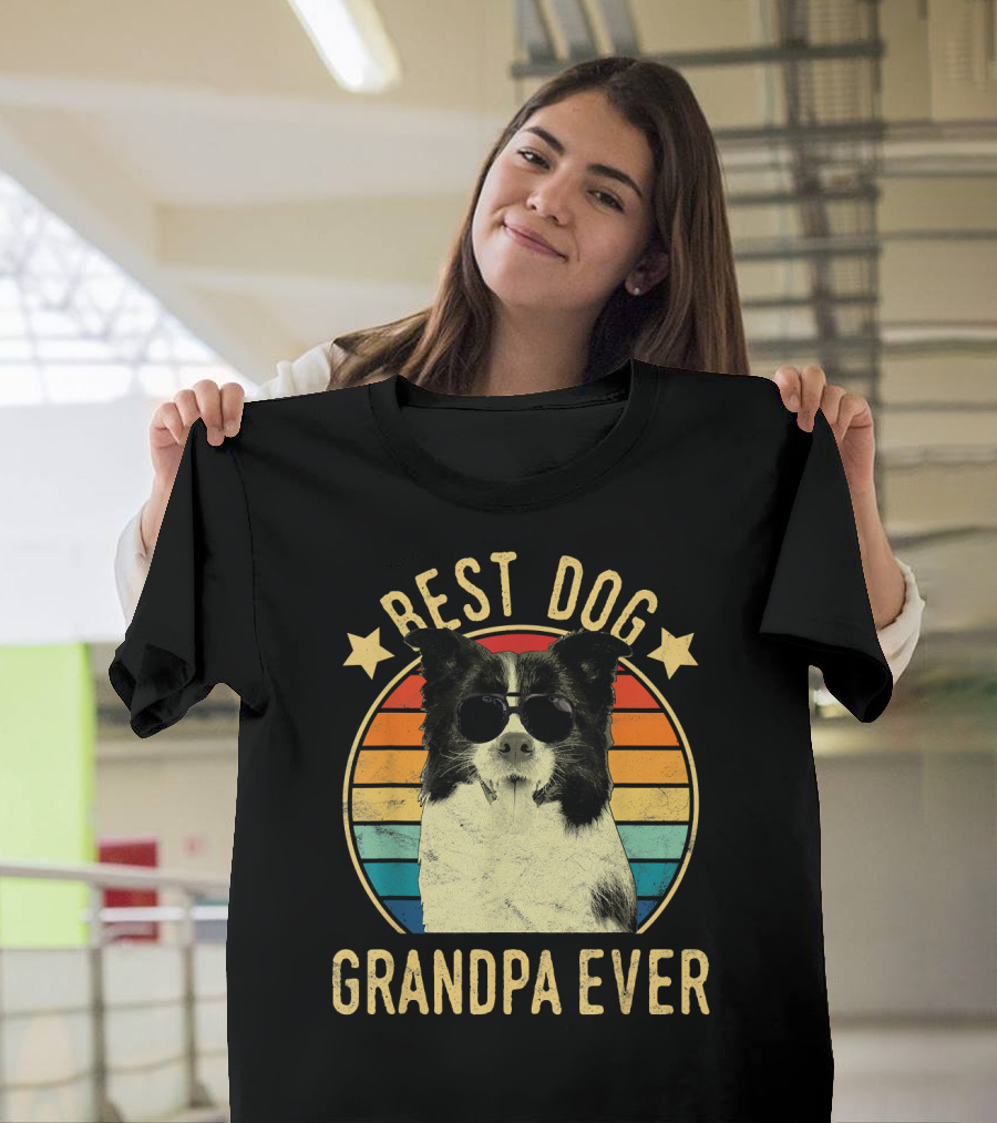Best Dog Grandpa Ever Border Collie Retro Style Stars and Sunglasses T-Shirt