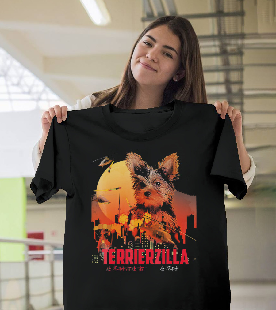 Terrierzilla Yorkshire Terrier Funny Kaiju Cityscape Helicopters T-Shirt