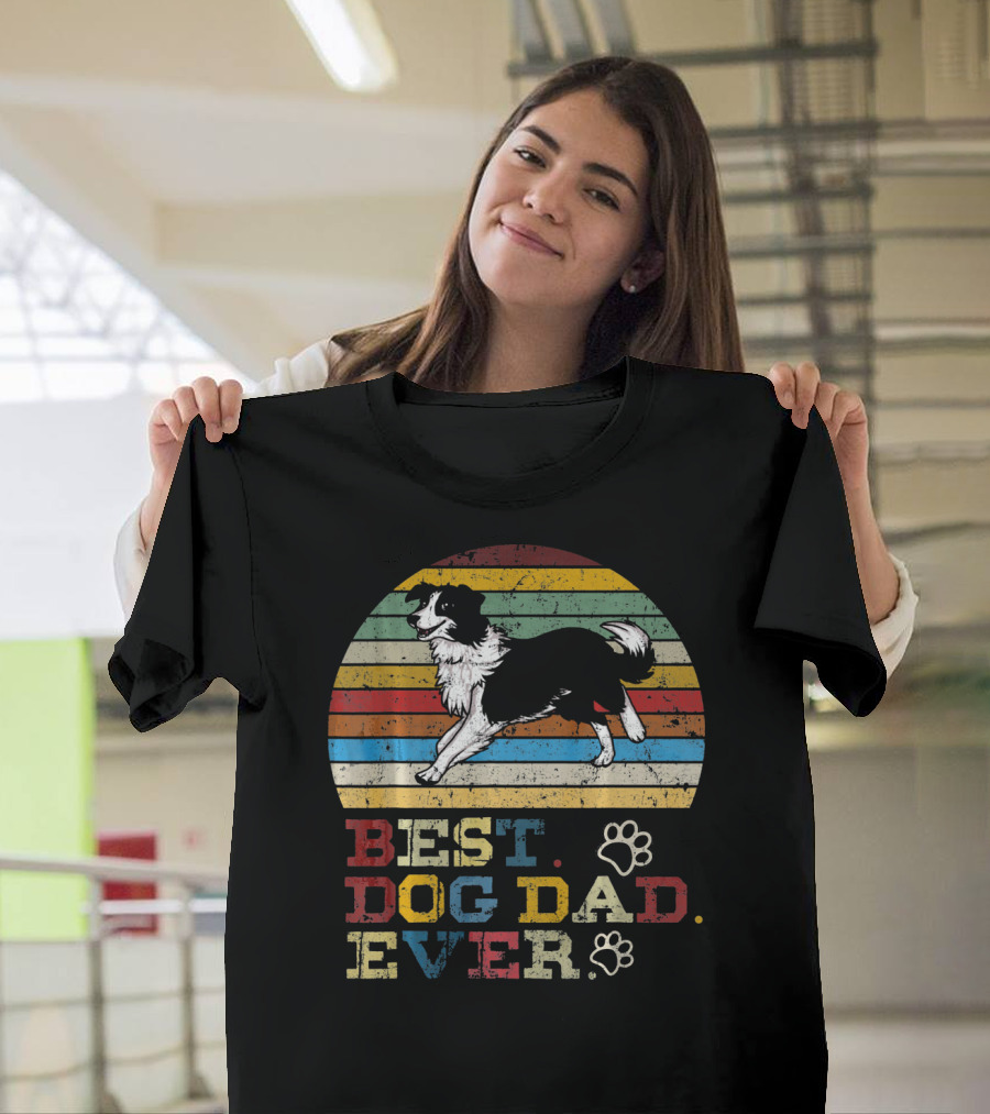 Best Dog Dad Ever Vintage Retro Border Collie Pawprints T-Shirt