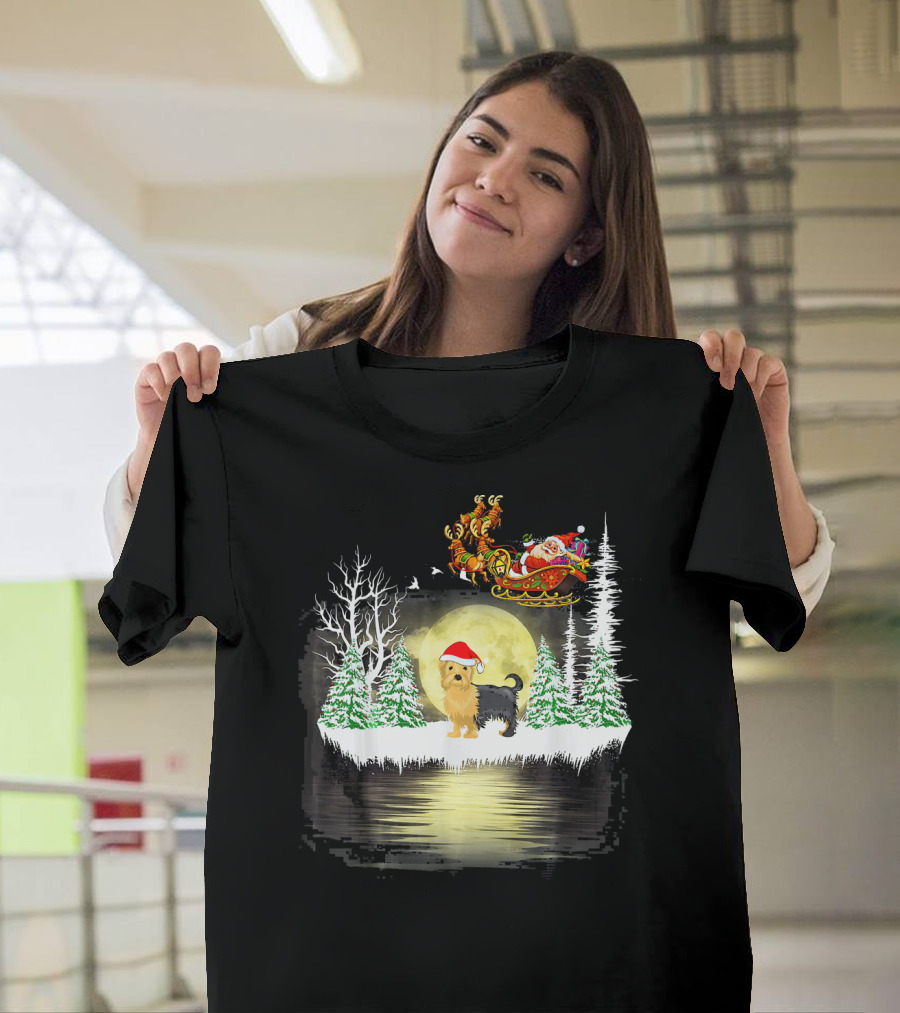 Yorkie Dog with Christmas Santa Sleigh and Snowy Trees T-Shirt