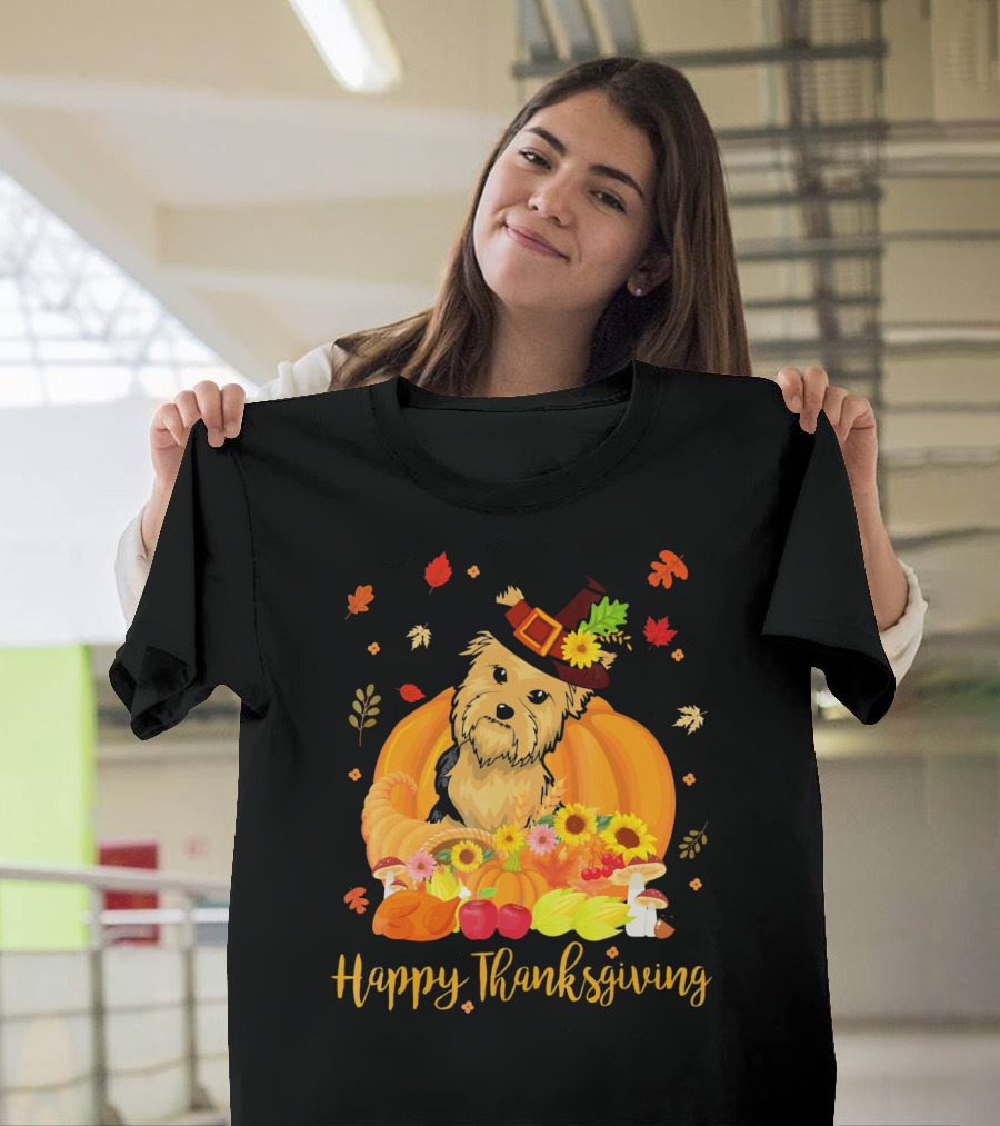 Happy Thanksgiving Yorkie Dog in Pumpkin with Autumn Leaves and Harvest Elements T-Shirt
