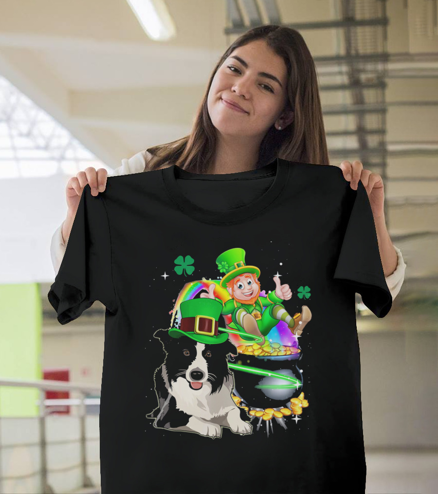 Leprechaun Border Collie with Rainbow and Pot of Gold T-Shirt