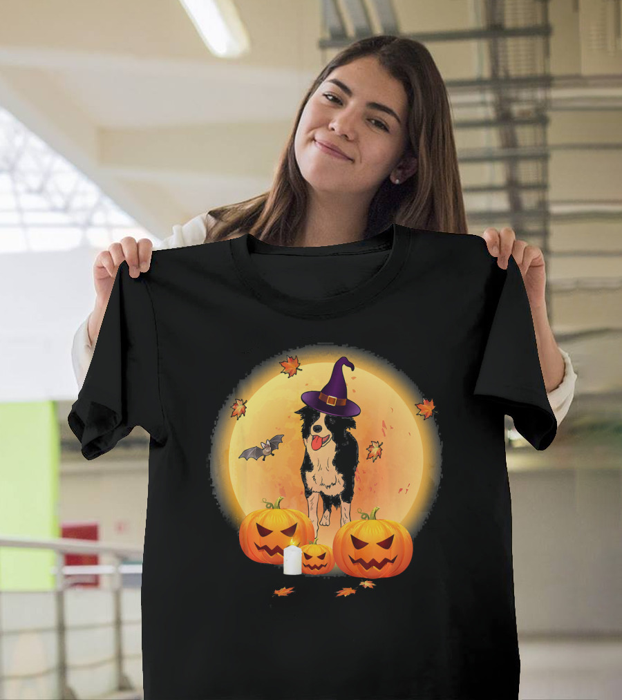 Halloween Border Collie Witch Hat Pumpkin Moon Bat Leaves T-Shirt