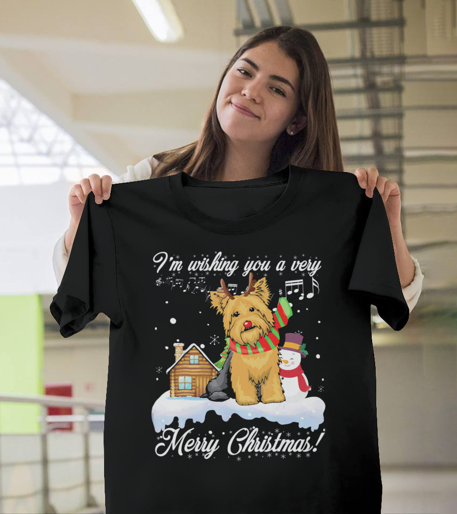 I'm Wishing You a Very Merry Christmas Yorkshire Terrier with Snowman and Cabin T-Shirt