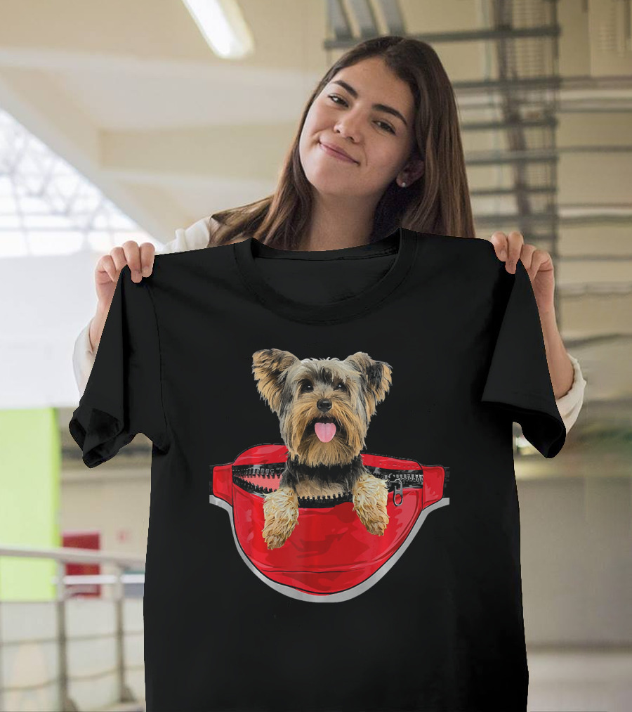 Yorkshire Terrier in Red Waist Pack Tail Wagging Dog Lovers T-Shirt