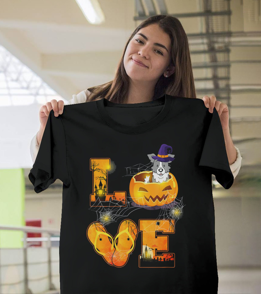 LOVE Border Collie Halloween Pumpkin Witch Hat Spiderwebs T-Shirt