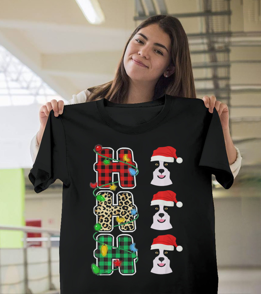 HO HO HO Plaid Leopard Santa Hat Border Collie Christmas Lights T-Shirt