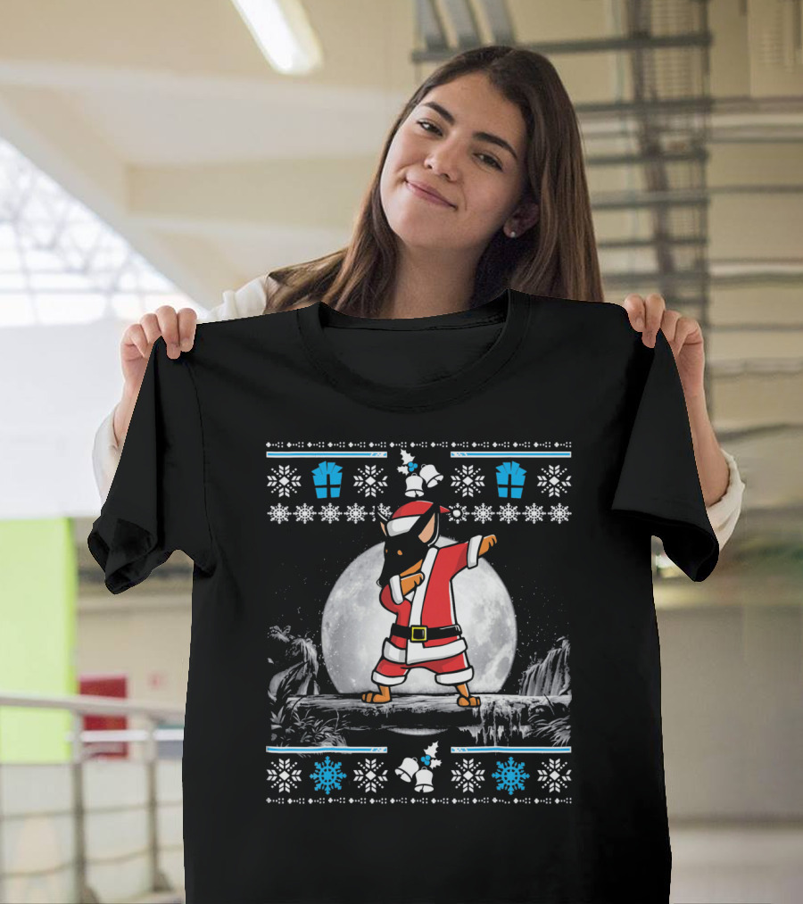 Miniature Pinscher Dog Santa Claus Dab Christmas Moon Snowflakes T-Shirt