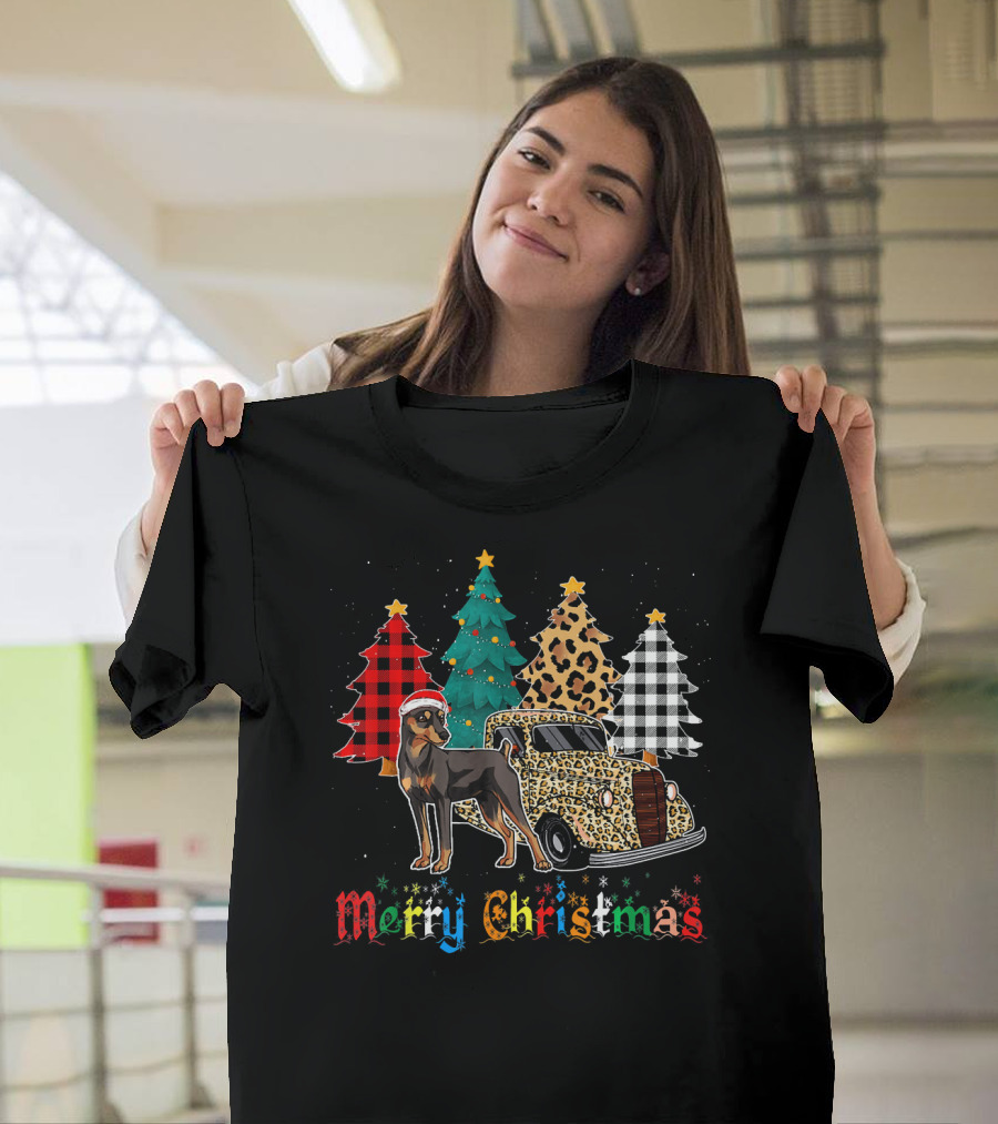 Merry Christmas Miniature Pinscher Leopard Plaid Truck T-Shirt
