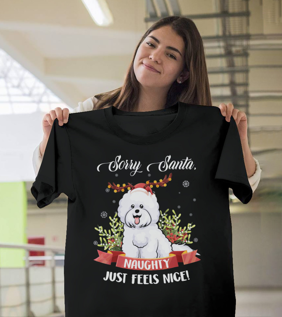 Sorry Santa Naughty Just Feels Nice Christmas Dog with Antlers and Snowflakes T-Shirt