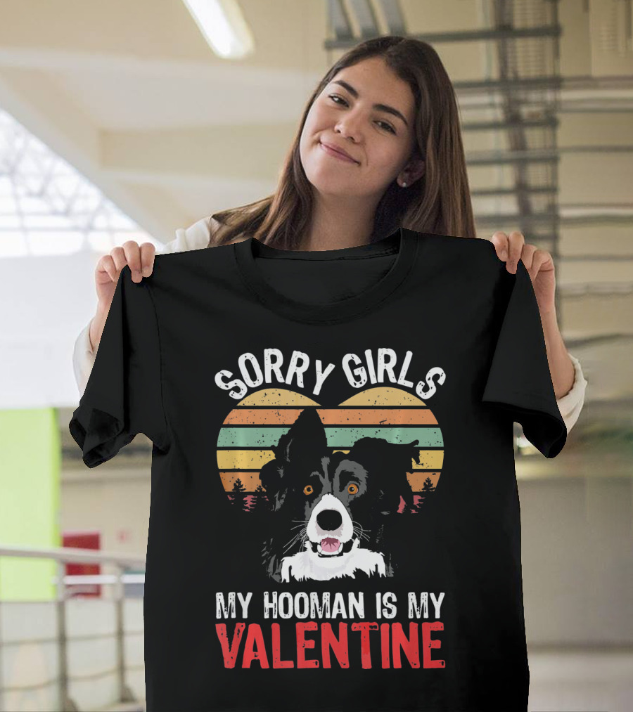 Sorry Girls My Hooman Is My Valentine Funny Dog Puppy Lovers Border Collie T-Shirt