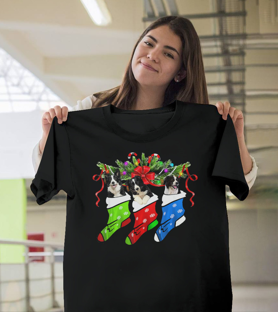 Three Border Collies in Christmas Holiday Stockings with Festive Decorations T-Shirt