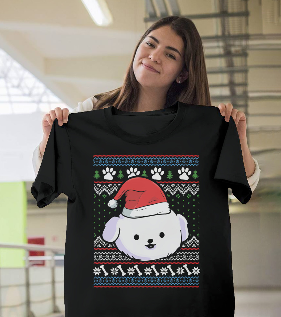 Ugly Xmas Bichon Frise Santa Hat Paw Prints Holiday T-Shirt