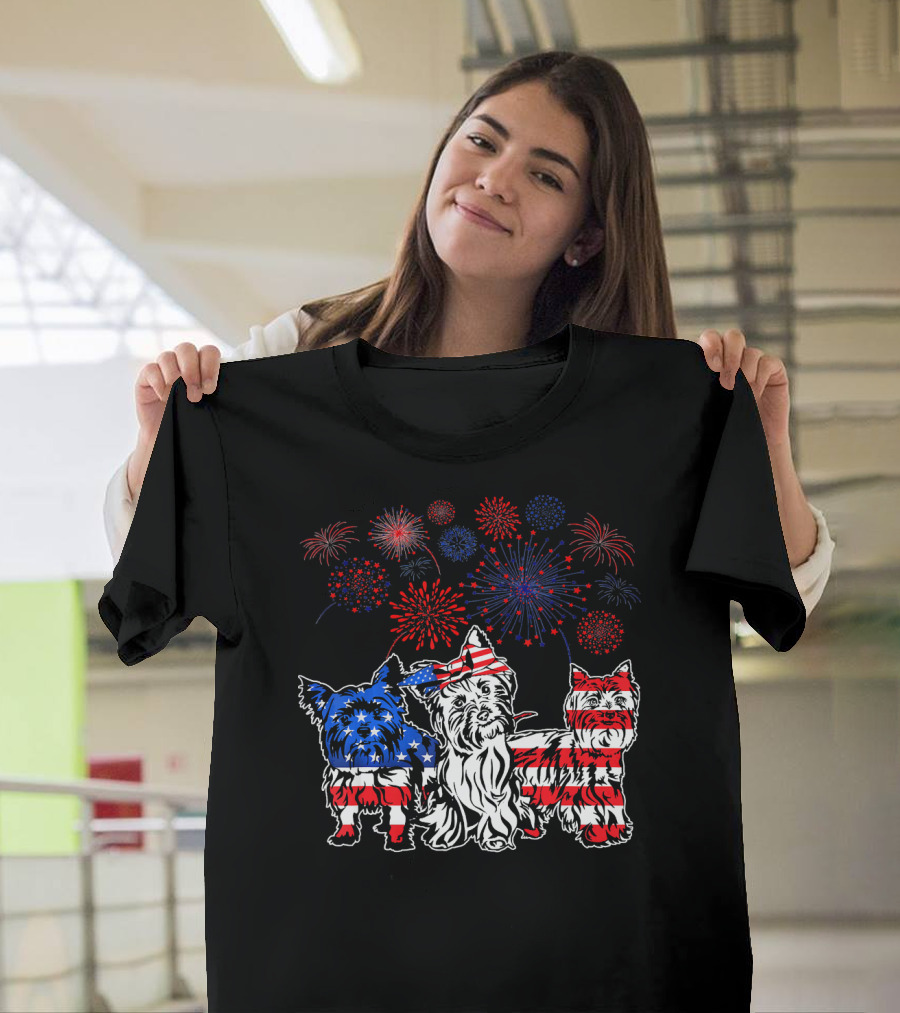 Yorkie Patriotic American Flag 4th of July Fireworks T-Shirt