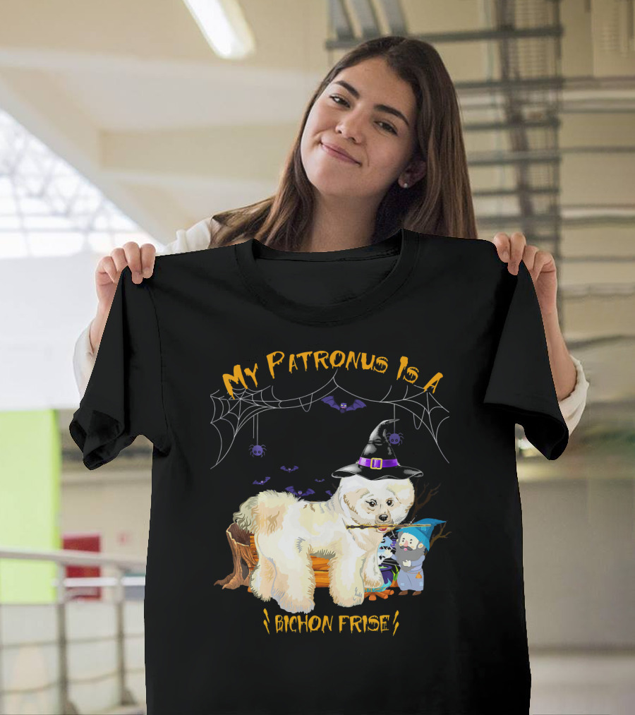 My Patronus Is A Bichon Frise Halloween Dog Wizard Hat Spider Webs T-Shirt