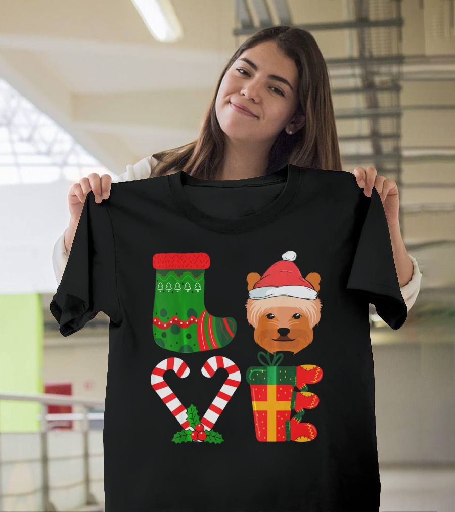 Lover Yorkshire Terrier Christmas Candy Cane Stocking Santa Hat Present T-Shirt