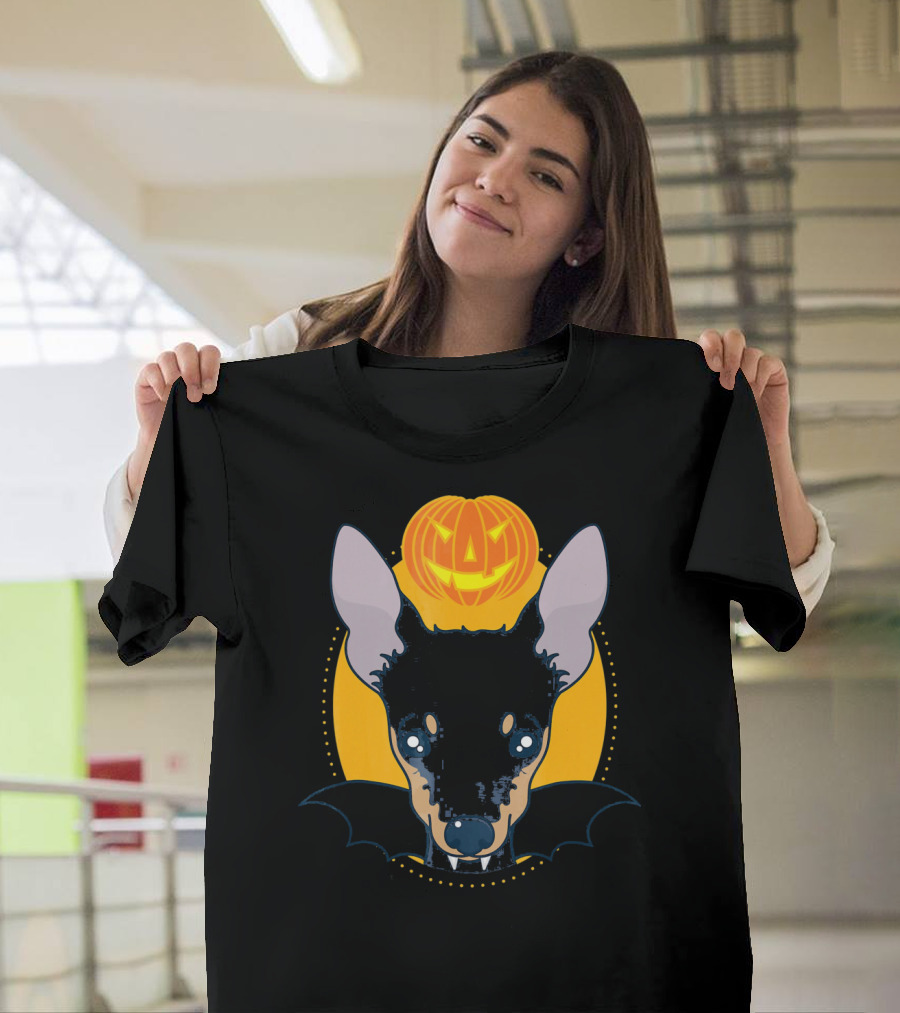 Miniature Pinscher with Bat Wings and Pumpkin Halloween T-Shirt
