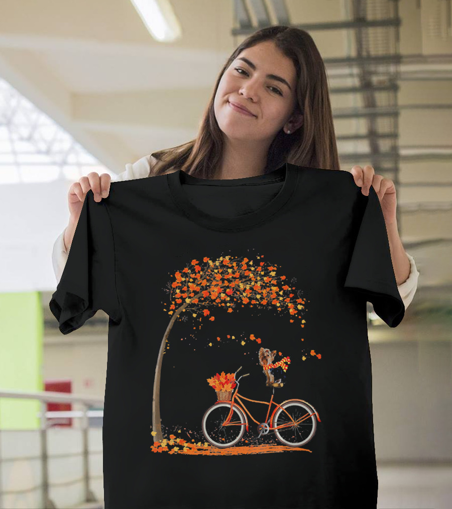 Yorkshire Terrier Riding Orange Bicycle in Autumn Leaves T-Shirt