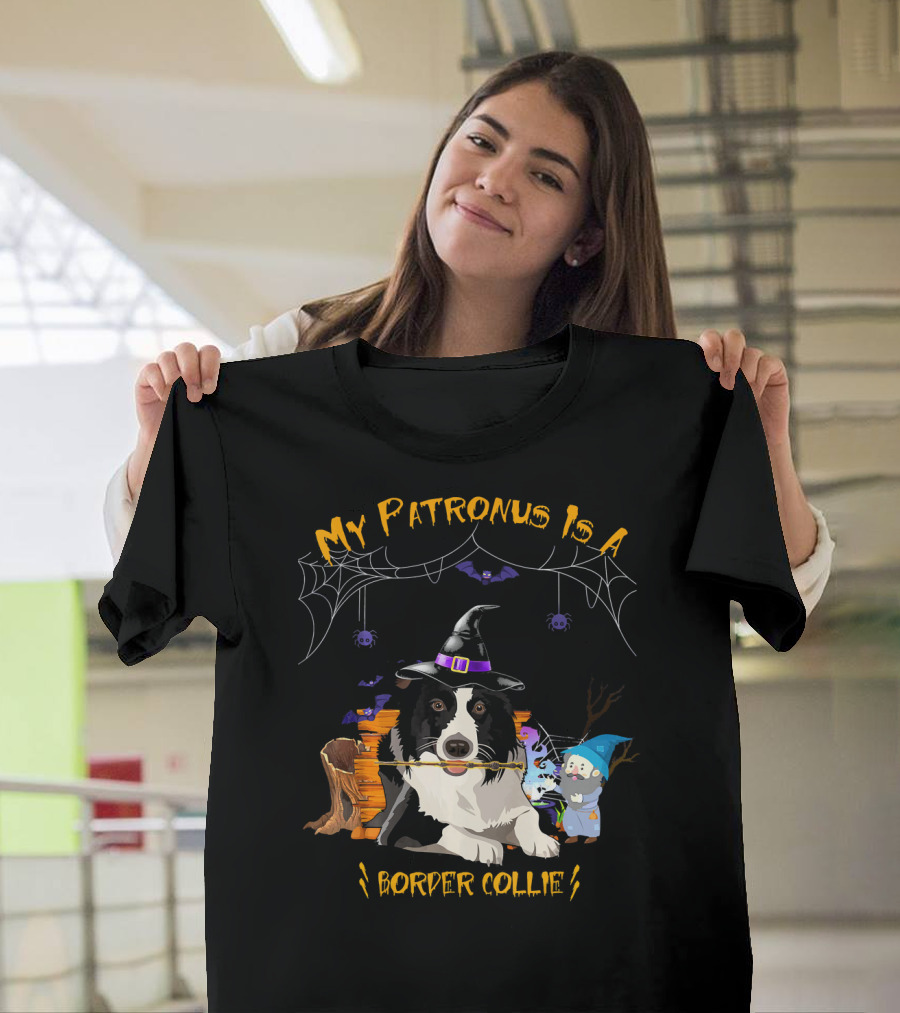 My Patronus Is A Border Collie Witch Hat Halloween Bats Spiders T-Shirt