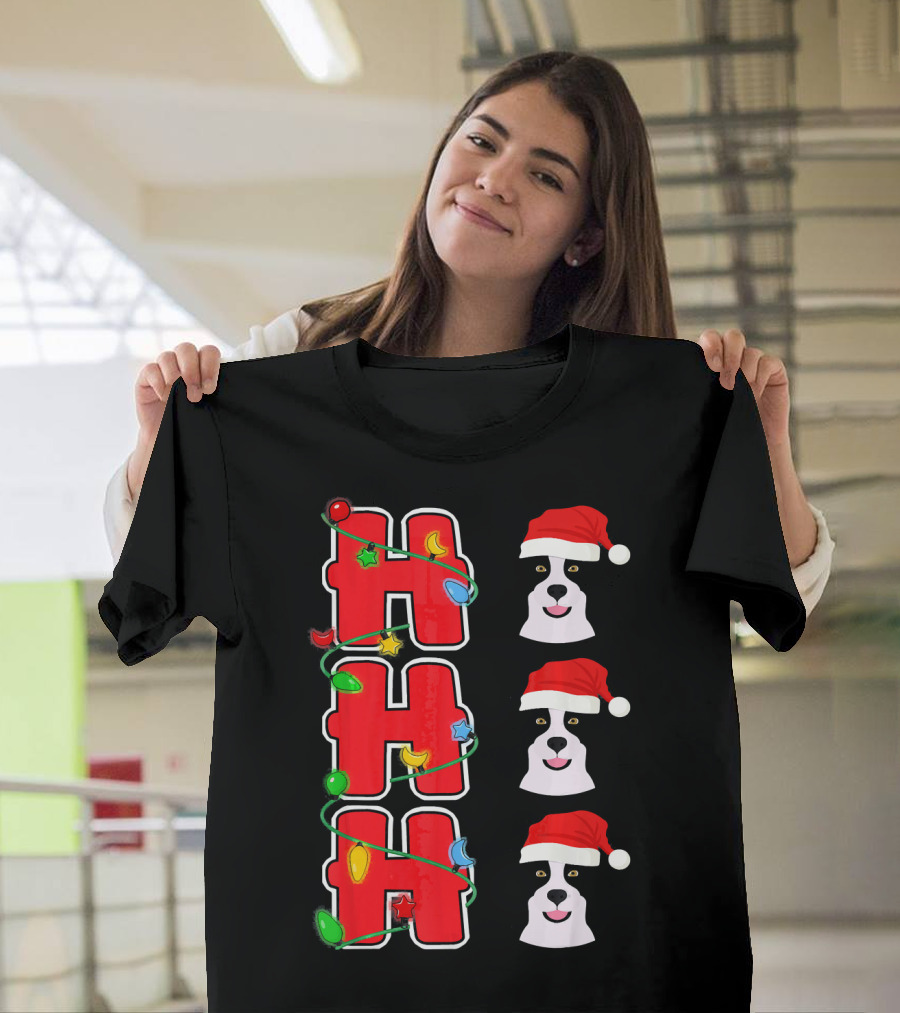 Ho Ho Ho Christmas Lights Santa Hats Border Collie T-Shirt