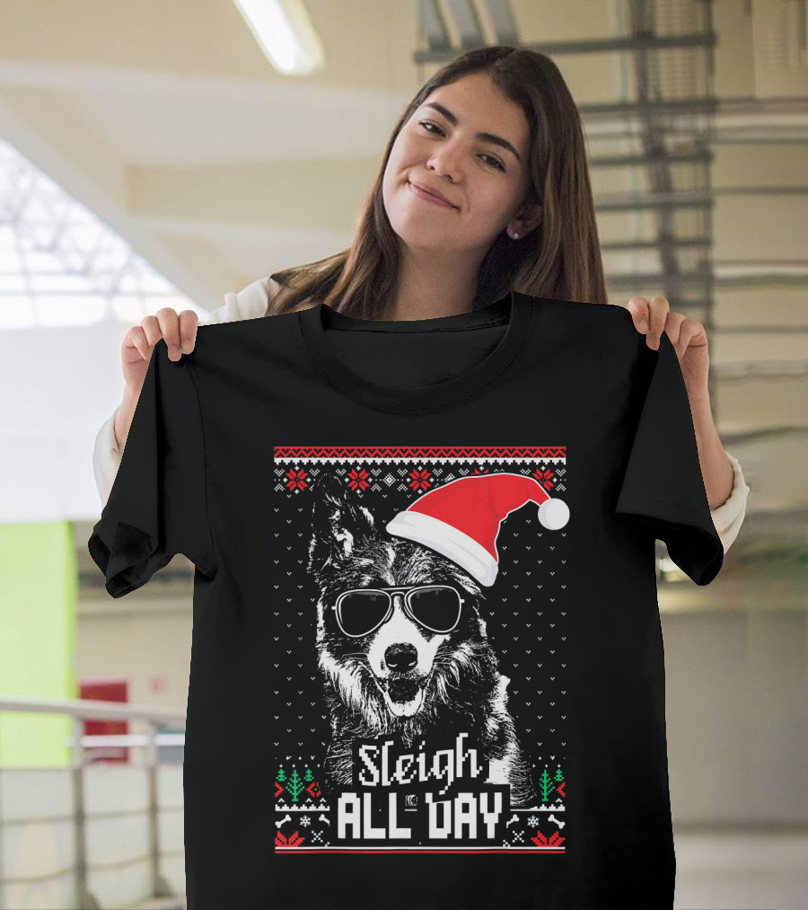 Sleigh All Day Funny Border Collie Chris with Santa Hat and Sunglasses T-Shirt