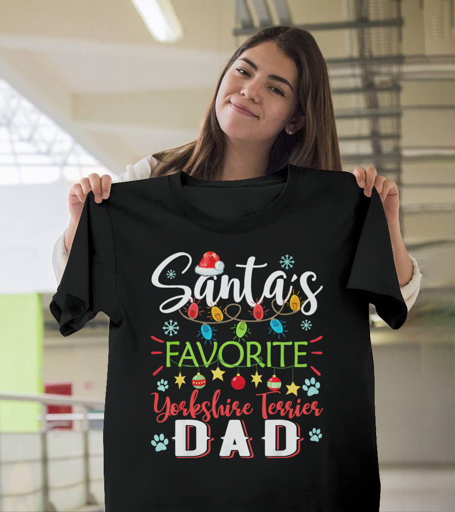 Santa's Favorite Yorkshire Terrier Dad Christmas Lights Paw Prints T-Shirt