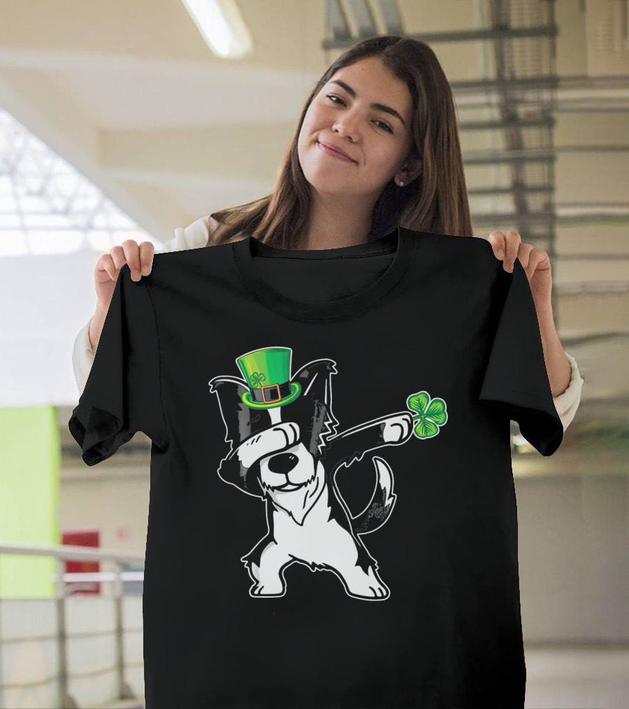 Funny Border Collie Dab Dabbing Dance with Leprechaun Hat and Shamrock T-Shirt