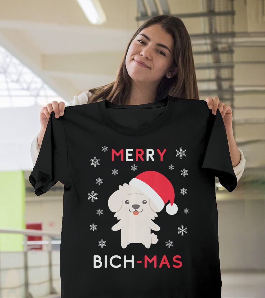 Merry Bich Mas Funny Christmas Bichon Snowflakes Santa Hat T-Shirt