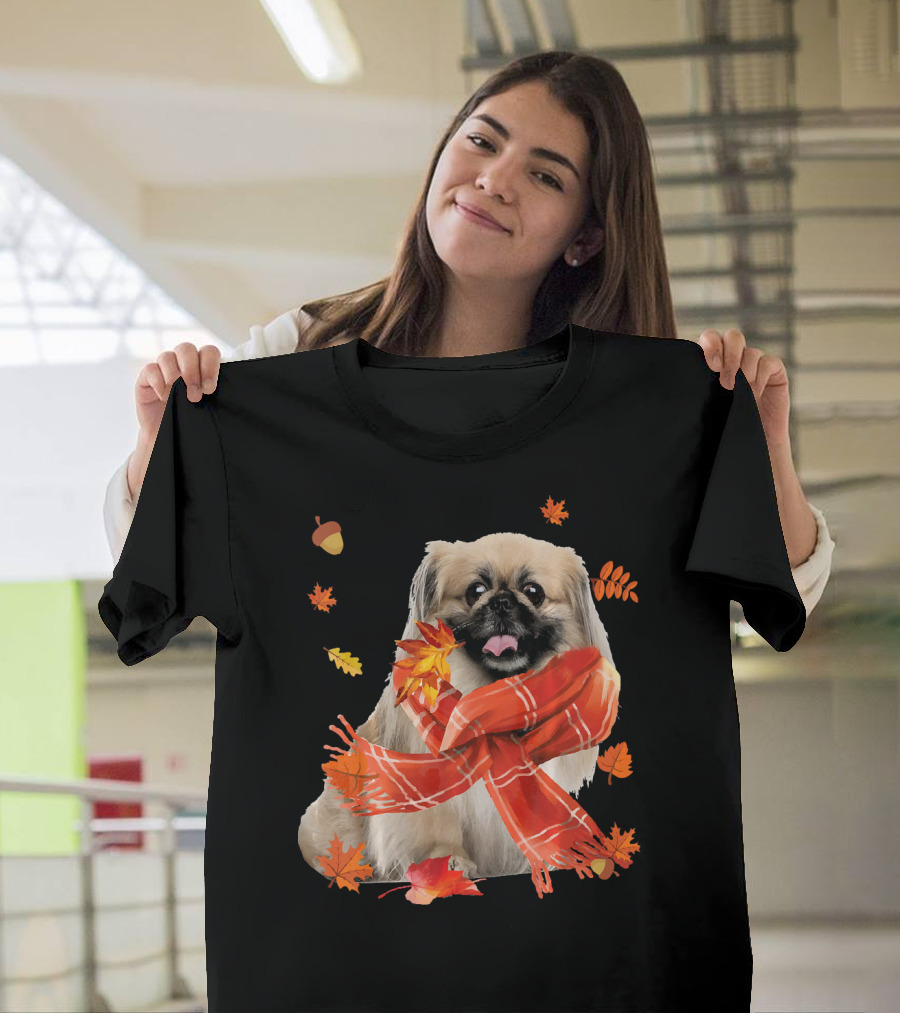 Cute Pekingese Dog with Autumn Leaves and Red Scarf T-Shirt